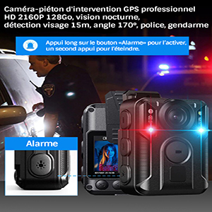 Caméra-piéton d’intervention GPS professionnel HD 2160P 128Go, vision nocturne, détection visage 15m, angle 170°, police, gendarme